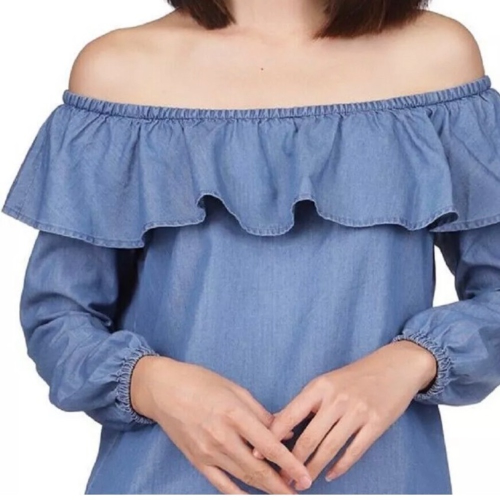 Michael Kors Women's Ruffled Off Shoulder Multi- Wear Blouse Top Blue Chambray L